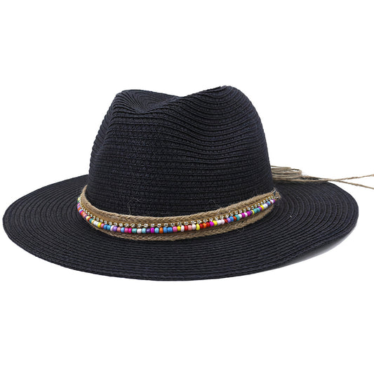 Chapeau de Paille Noir à Perles