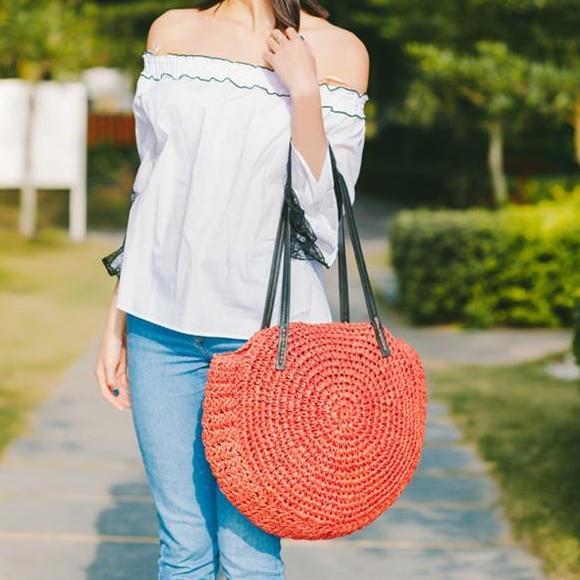 Sac Rond Paille Rouge  Collection Été