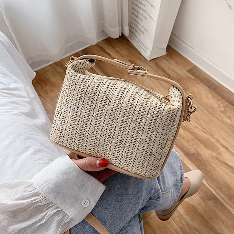 Sac à Main Paille avec Fermeture Éclair Beige