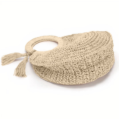 Sac Rond Paille de Plage avec Pompon