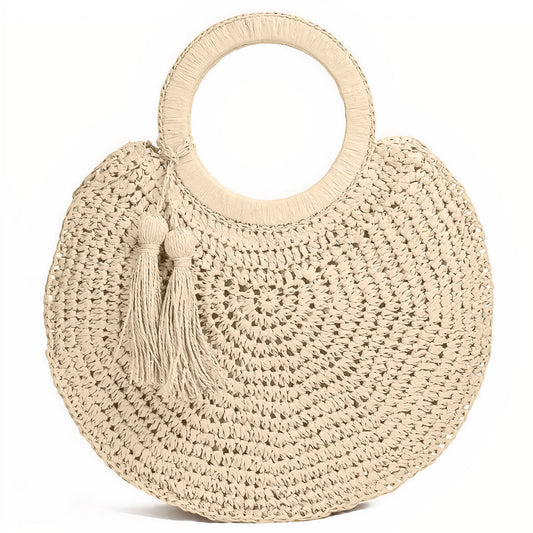 Sac Rond Paille de Plage avec Pompon